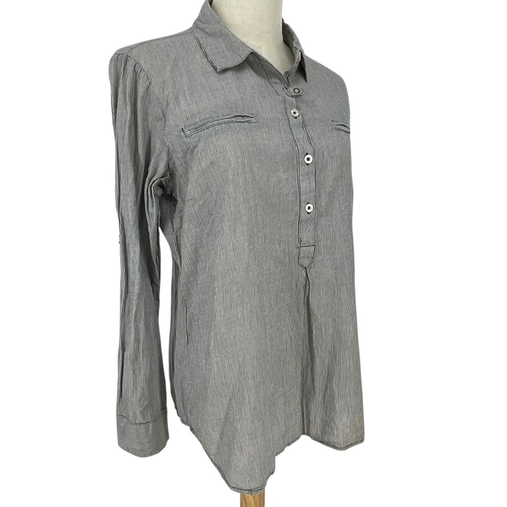US Polo Assn Striped Button Up Shirt Long Sleeve Women L Gray White Tunic